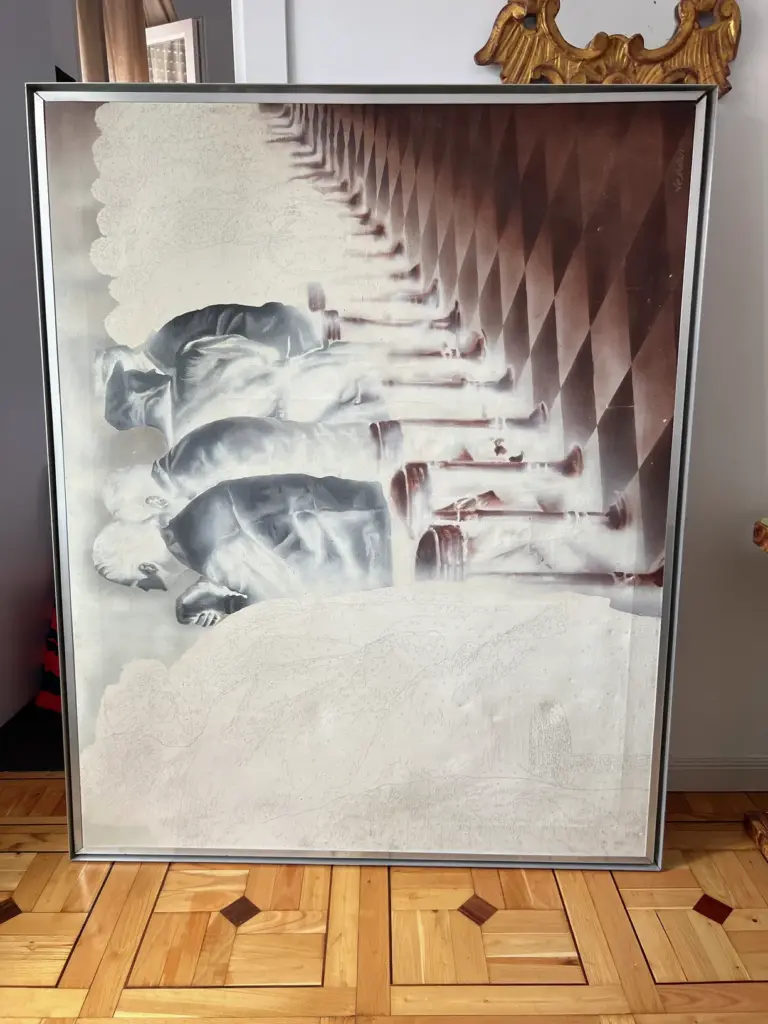 Obra contemporánea ‘En la barra’ — obra enmarcada · restauración de arte contemporáneo | ECRA