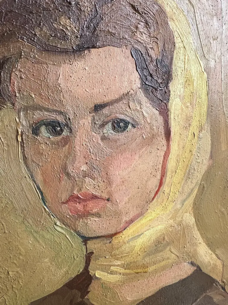 Retrato de mujer, pintura contemporánea — proceso de limpieza, rostro · restauración de arte contemporáneo | ECRA