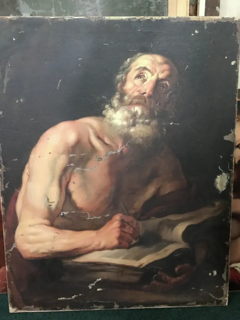 Óleo antiguo, figura de anciano con libro — vista general antes de la restauración · restauración de cuadros | ECRA