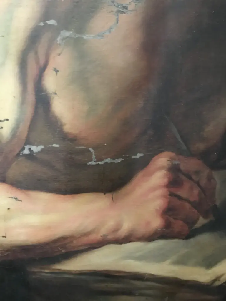 Óleo antiguo, figura de anciano con libro — detalle de la figura · restauración de cuadros