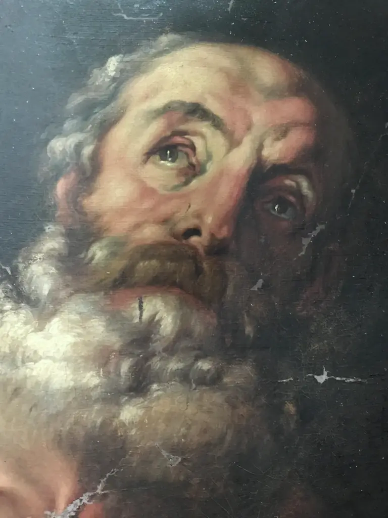 Óleo antiguo, figura de anciano con libro — detalle del rostro · restauración de cuadros | ECRA