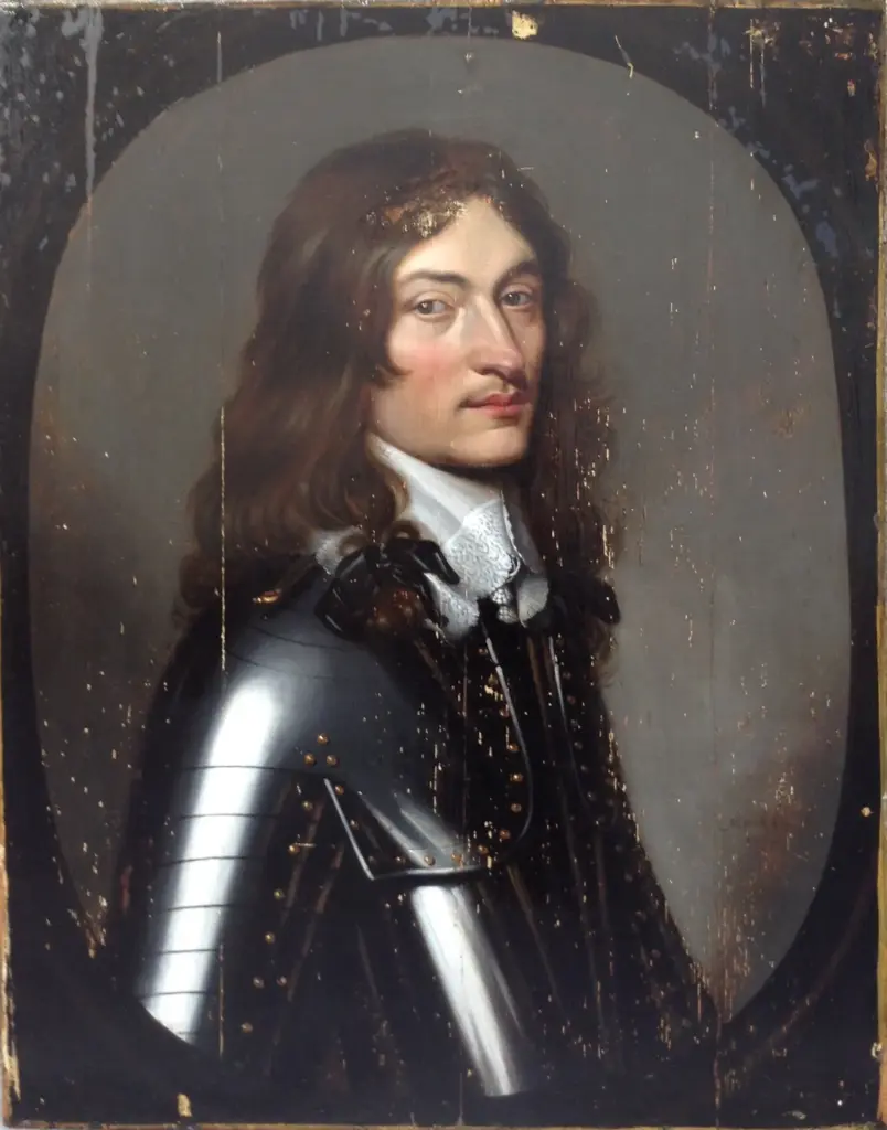 Retrato de caballero con armadura y cuello de encaje en formato oval, pintado sobre tabla, antes de la restauración: pérdidas de color en líneas verticales que siguen la veta de la madera.
