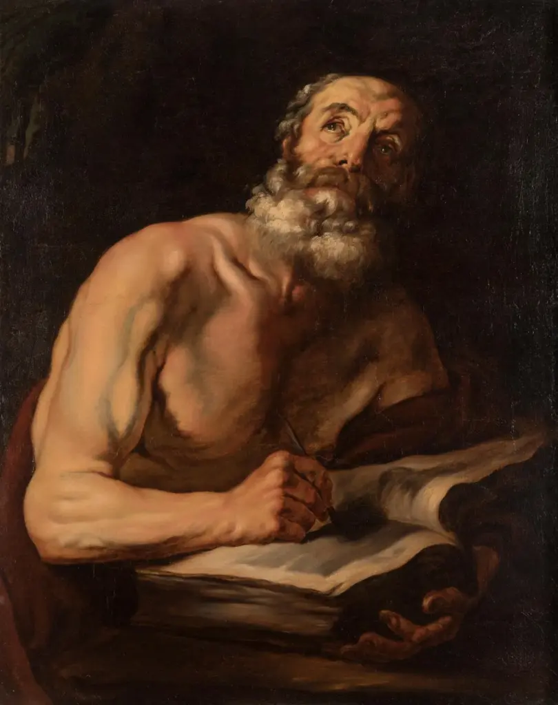 Óleo de un anciano con barba blanca que escribe con pluma en un libro abierto y mira hacia arriba, tras la restauración, con las lagunas reintegradas y el fondo oscuro sin pérdidas.