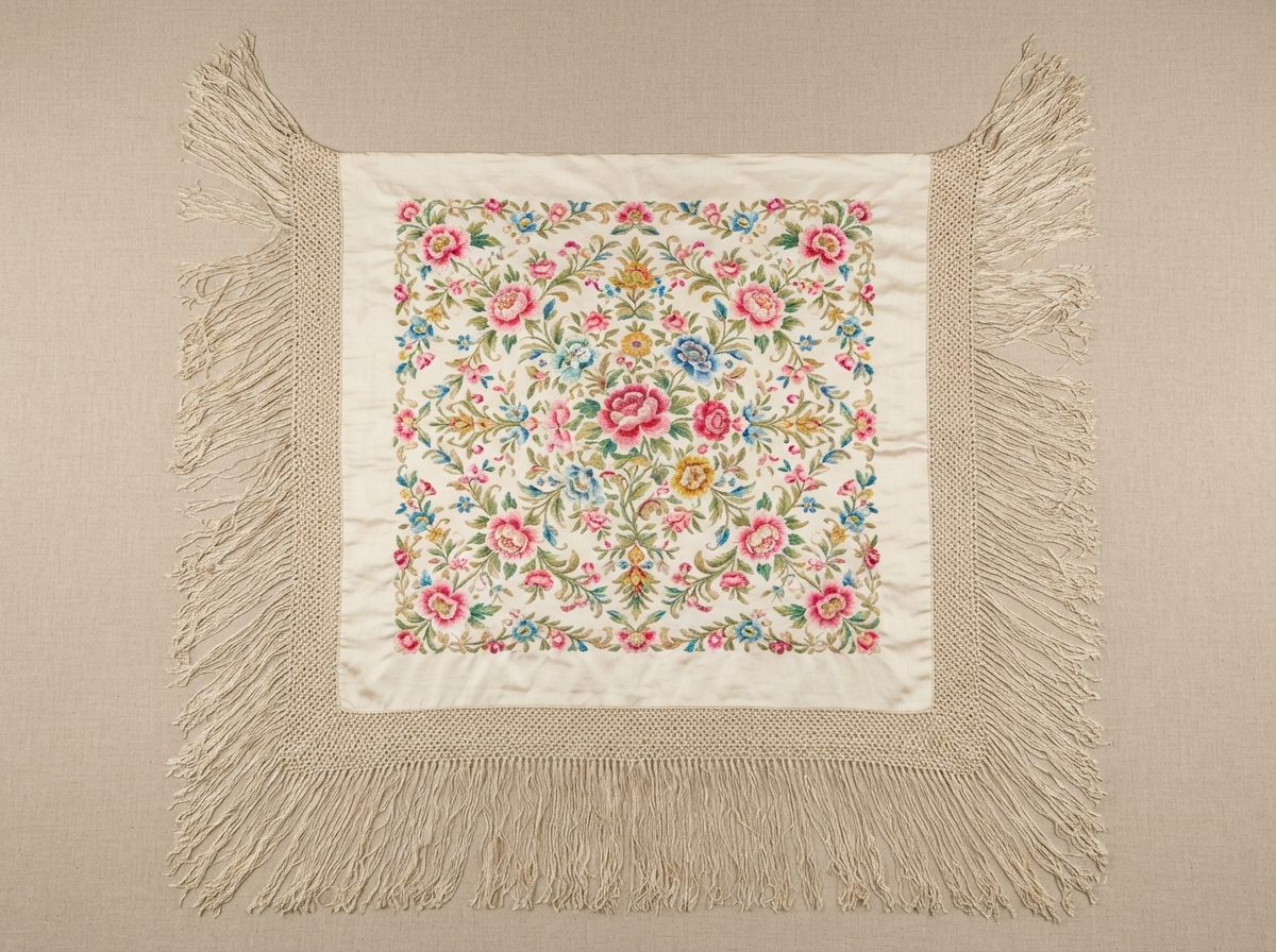 Mantón de Manila de seda con bordado de flores y flecos, extendido después de la restauración de tejidos