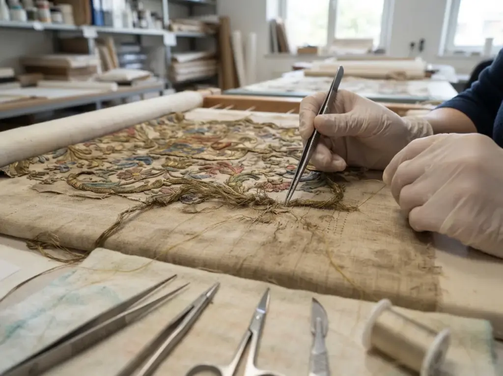 Restauración de bordados: mano con guante de látex recoloca con pinzas hilos metálicos dorados sueltos de un bordado floral sobre lino, con tijeras, pinzas y bisturí sobre la mesa.
