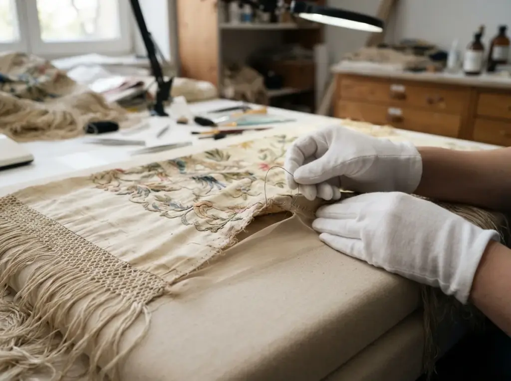 Restauración de mantones de Manila: manos con guantes de algodón blanco cosen el borde rasgado de un mantón bordado de seda color crudo sobre un tejido de soporte beige, con los flecos de seda en primer plano.