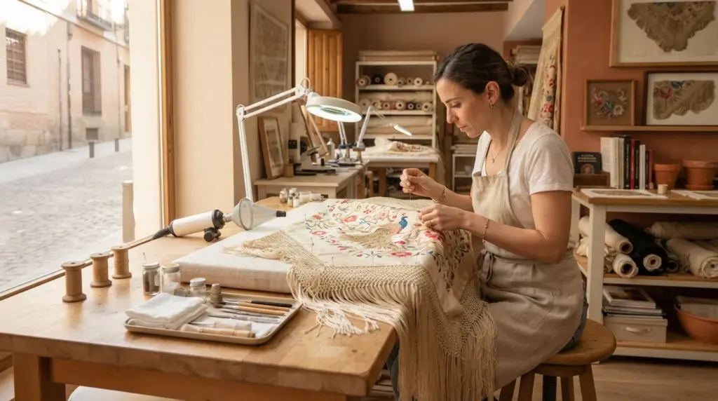 Restauración de mantones de Manila: una restauradora cose a mano un mantón de seda color marfil con bordado de flores y un pavo real, extendido sobre un cojín de trabajo con los flecos colgando de la mesa.