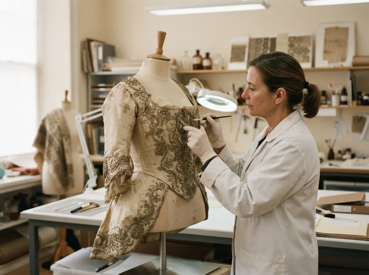 Restauración de ropa antigua: una restauradora con lupa de brazo trabaja con pinzas y pincel sobre una casaca de seda color crudo con bordado de hilo metálico y lentejuelas, montada en un maniquí.