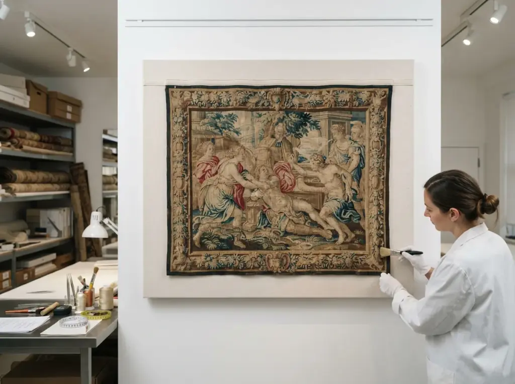 Restauración de tapices: una restauradora con bata y guantes pasa una brocha por el borde de un tapiz figurativo con cenefa vegetal, colgado de un panel forrado de lino.